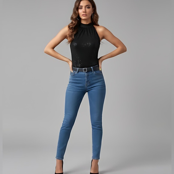 Black Sequin Back Tie Halter Top - Picture 4 of 5